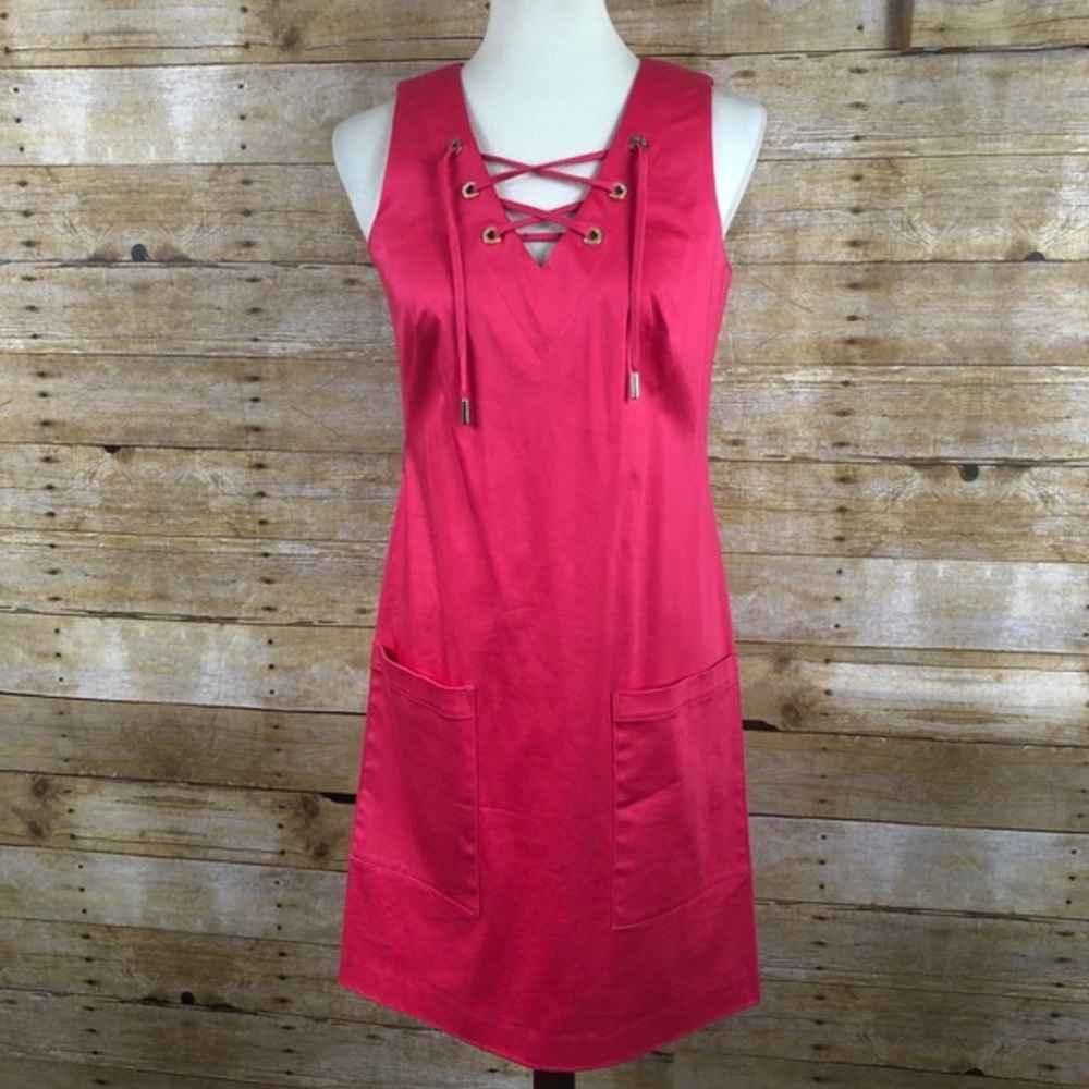 Calvin Klein‎ Women’s Barbie Pink Sleeveless Lace Up Neck Knee Length Dress 4